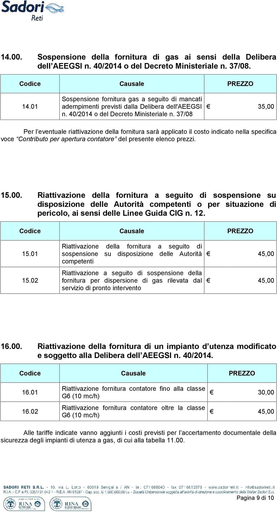 15.00. Riattivazione la fornitura a seguito di sospensione su disposizione le Autorità competenti o per situazione di pericolo, ai sensi le Linee Guida CIG n. 12. 15.01 15.