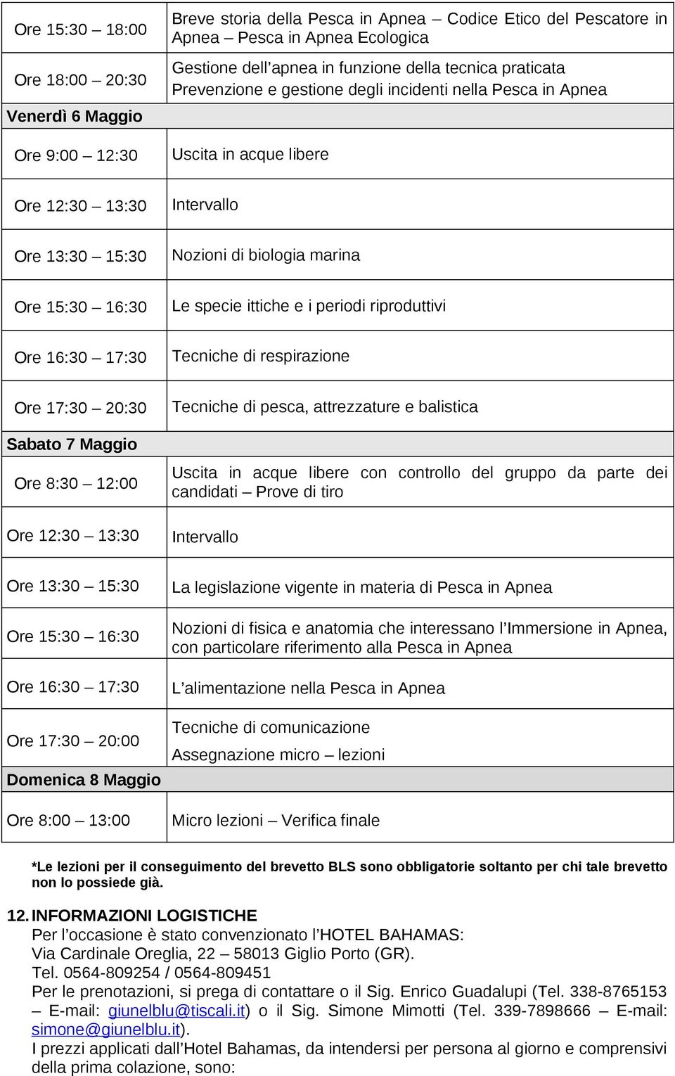 17:30 20:30 Sabato 7 Maggio Ore 8:30 12:00 Tecniche di pesca, attrezzature e balistica Uscita in acque libere con controllo del gruppo da parte dei candidati Prove di tiro Ore 17:30 20:00 Domenica 8