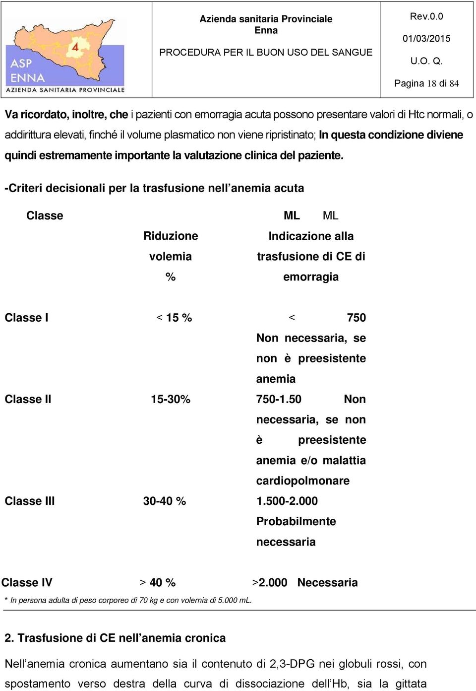 -Criteri decisionali per la trasfusione nell anemia acuta Classe Riduzione volemia % ML ML Indicazione alla trasfusione di CE di emorragia Classe I < 15 % < 750 Non necessaria, se non è preesistente