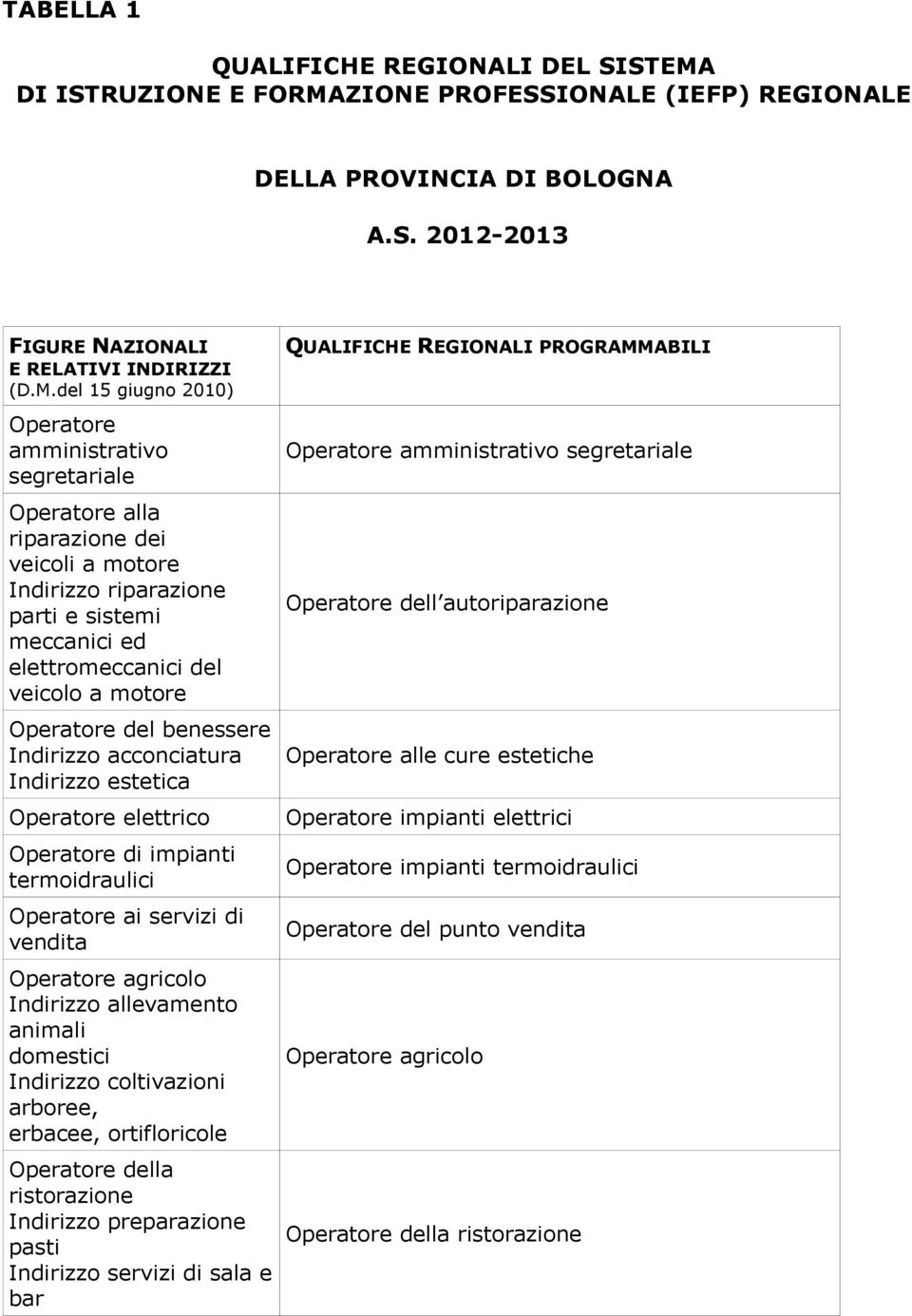 ZIONE PROFESSIONALE (IEFP) REGIONALE DELLA PROVINCIA DI BOLOGNA A.S. 202-203 FIGURE NAZIONALI E RELATIVI INDIRIZZI (D.M.