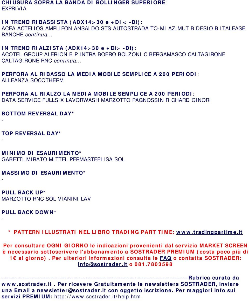 .. PERFORA AL RIBASSO LA MEDIA MOBILE SEMPLICE A 200 PERIODI: ALLEANZA SOCOTHERM PERFORA AL RIALZO LA MEDIA MOBILE SEMPLICE A 200 PERIODI: DATA SERVICE FULLSIX LAVORWASH MARZOTTO PAGNOSSIN RICHARD