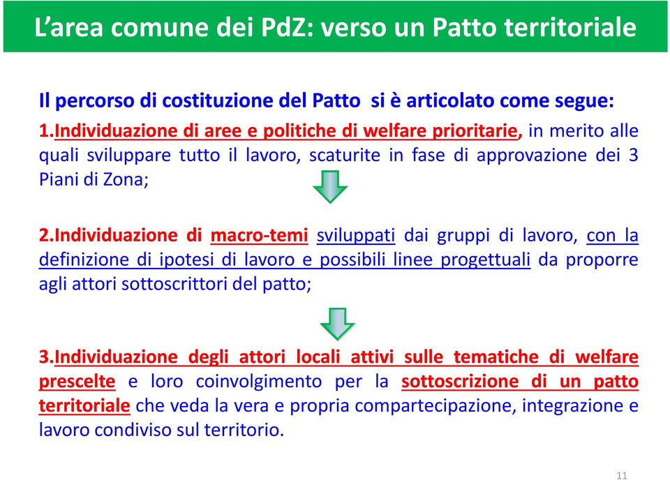 Individuazione di macro temi sviluppati dai gruppi di lavoro, con la definizione di ipotesi di lavoro e possibili linee progettuali da proporre agli attori sottoscrittori del patto;