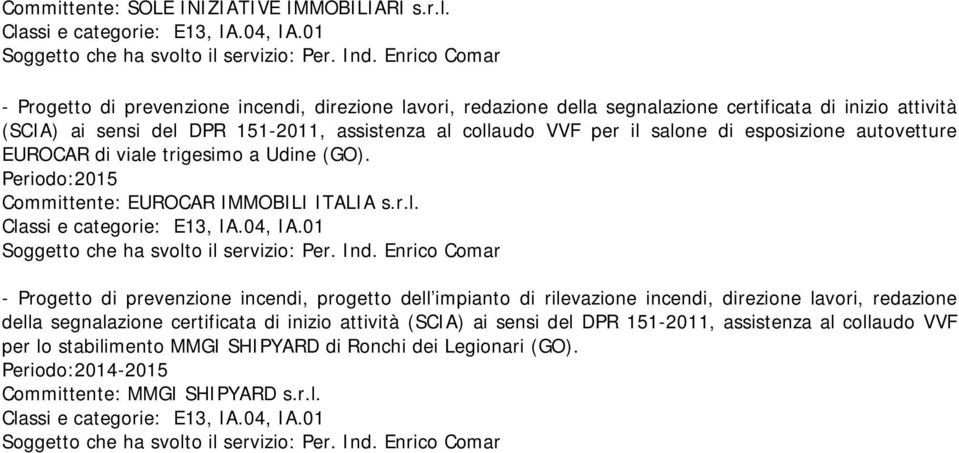 (SCIA) ai sensi del DPR 151-2011, assistenza al collaudo VVF per il salone di esposizione autovetture EUROCAR di viale