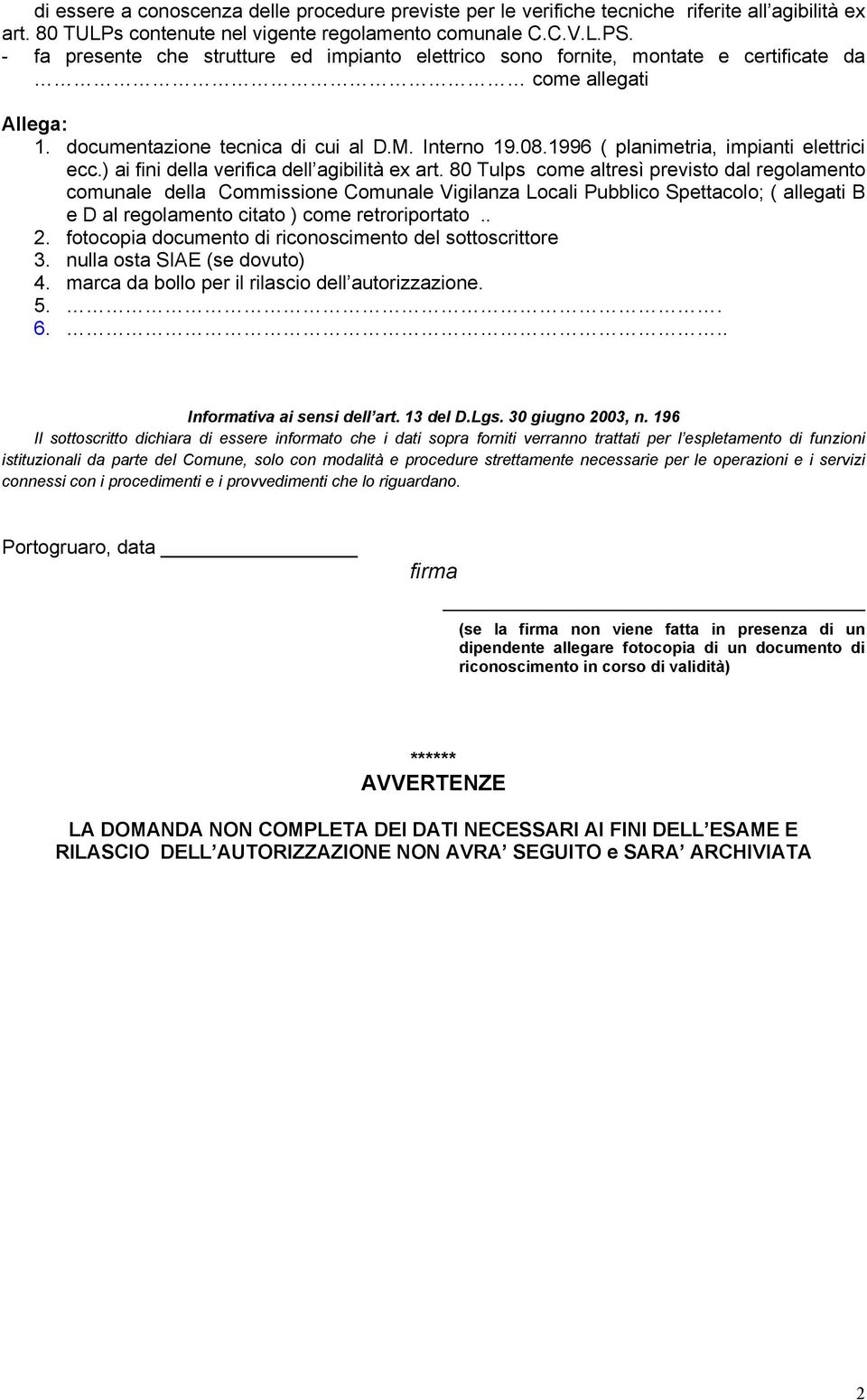 1996 ( planimetria, impianti elettrici ecc.) ai fini della verifica dell agibilità ex art.