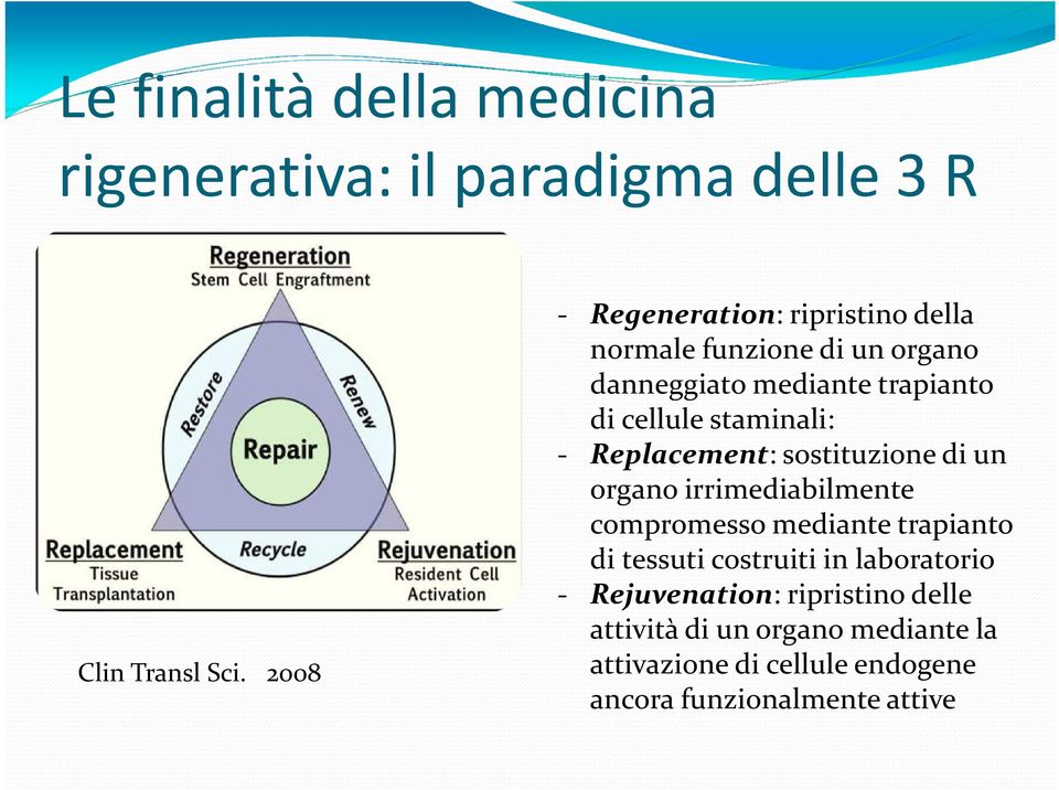 staminali: - Replacement: sostituzione di un organo irrimediabilmente compromesso mediante trapianto di tessuti