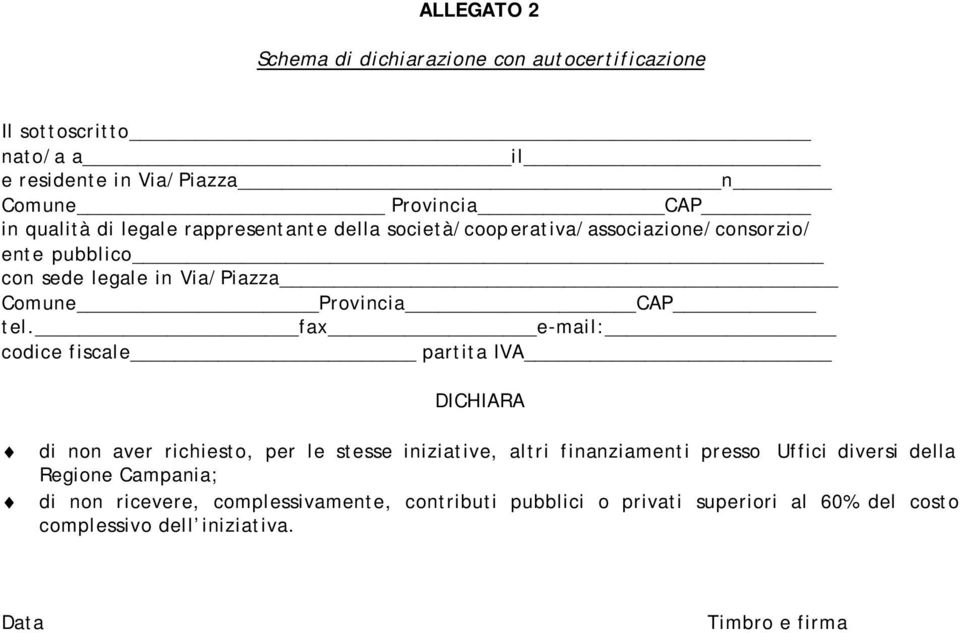 fax e-mail: codice fiscale partita IVA DICHIARA di non aver richiesto, per le stesse iniziative, altri finanziamenti presso Uffici diversi della