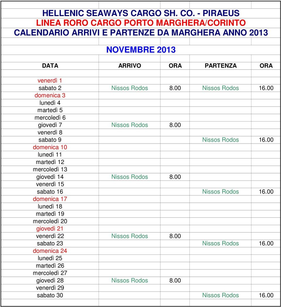 00 domenica 10 lunedì 11 martedì 12 mercoledì 13 giovedì 14 Nissos Rodos 8.00 venerdì 15 sabato 16 Nissos Rodos 16.