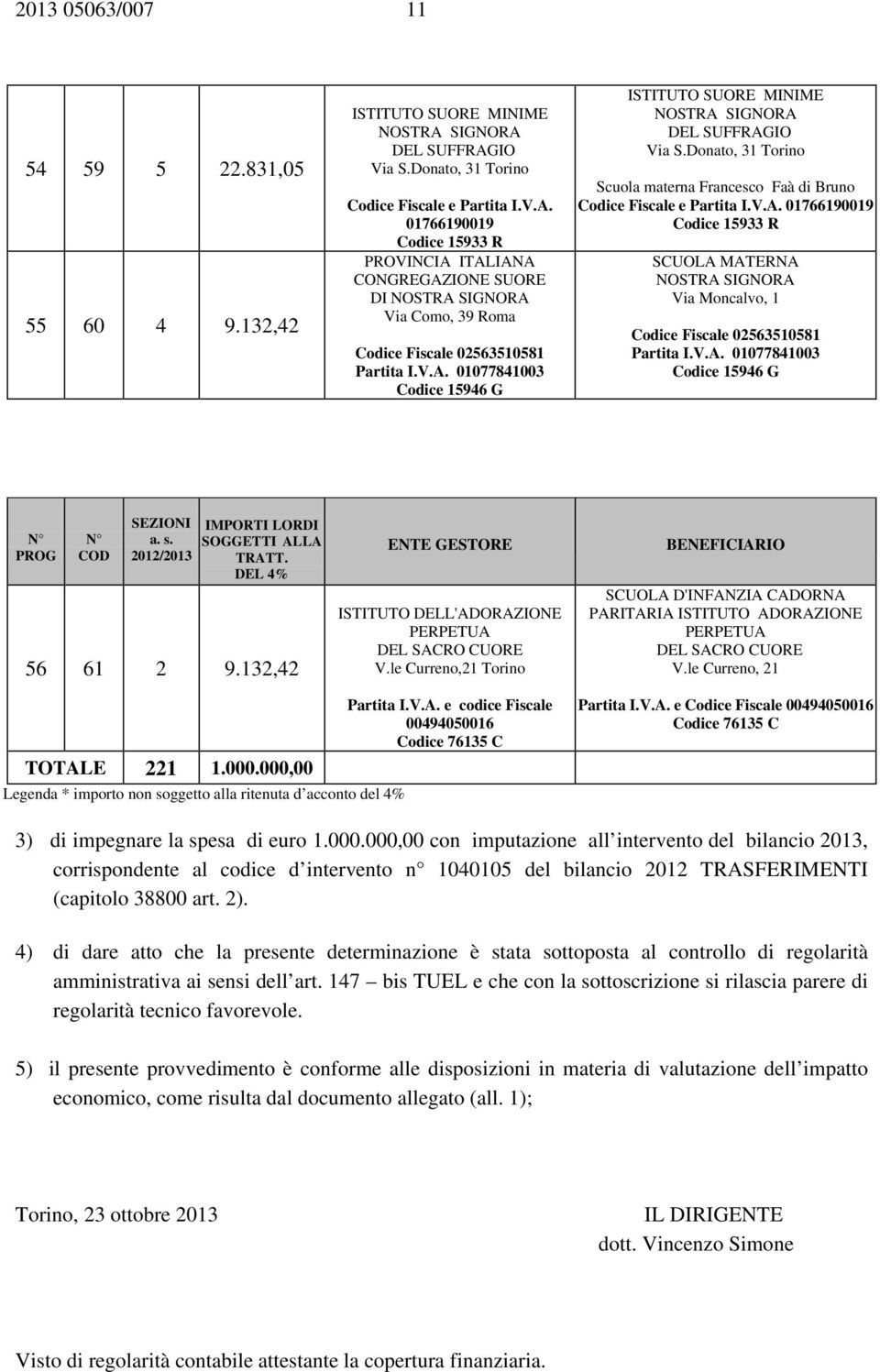 Donato, 31 Torino Scuola materna Francesco Faà di Bruno 01766190019 Codice 15933 R NOSTRA SIGNORA Via Moncalvo, 1 Codice Fiscale 02563510581 Partita I.V.A. 01077841003 Codice 15946 G IMPORTI LORDI SOGGETTI ALLA TRATT.