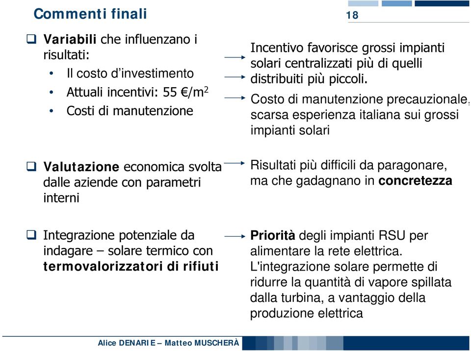 Costo di manutenzione precauzionale, scarsa esperienza italiana sui grossi impianti solari Valutazione economica svolta dalle aziende con parametri interni Risultati più difficili