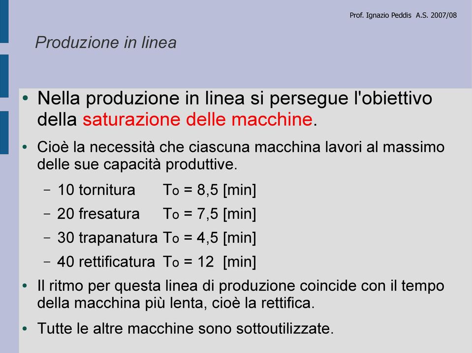 10 tornitura To = 8,5 [min] 20 fresatura To = 7,5 [min] 30 trapanatura To = 4,5 [min] 40 rettificatura To = 12