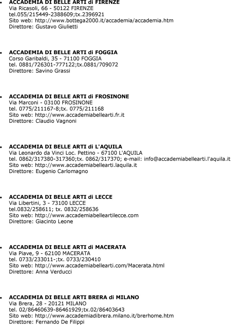 0881/709072 Direttore: Savino Grassi ACCADEMIA DI BELLE ARTI di FROSINONE Via Marconi - 03100 FROSINONE tel. 0775/211167-8;tx. 0775/211168 Sito web: http://www.accademiabellearti.fr.
