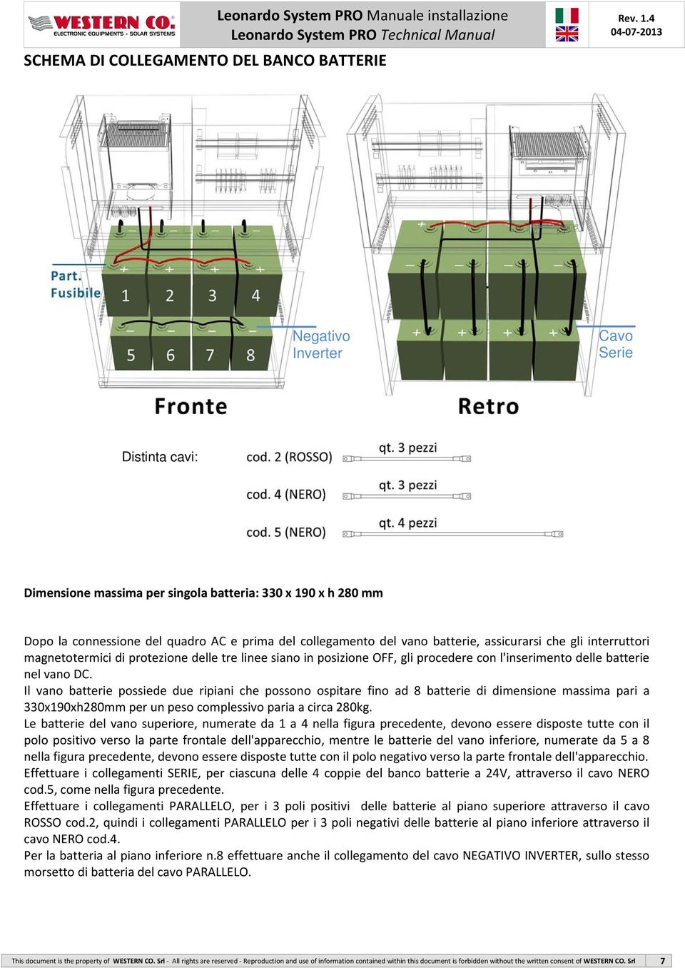 Il vano batterie possiede due ripiani che possono ospitare fino ad 8 batterie di dimensione massima pari a 330x190xh280mm per un peso complessivo paria a circa 280kg.