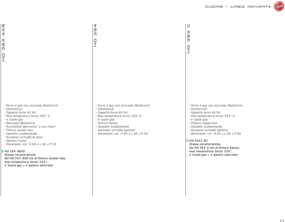 H 85 x L 90 x P 50 HG 394 AEXS Stesse caratteristiche del HG 394 AXS ma di finitura acciaio inox, max temperatura forno: 230, 4 fuochi gas + 2 piastre elettriche - Forno a gas con sicurezza
