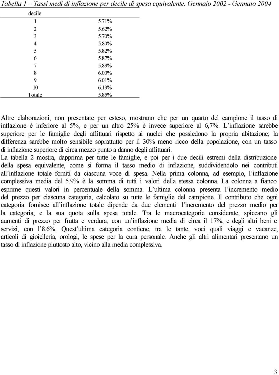 L inflazione sarebbe superiore per le famiglie degli affittuari rispetto ai nuclei che possiedono la propria abitazione; la differenza sarebbe molto sensibile soprattutto per il 30% meno ricco della