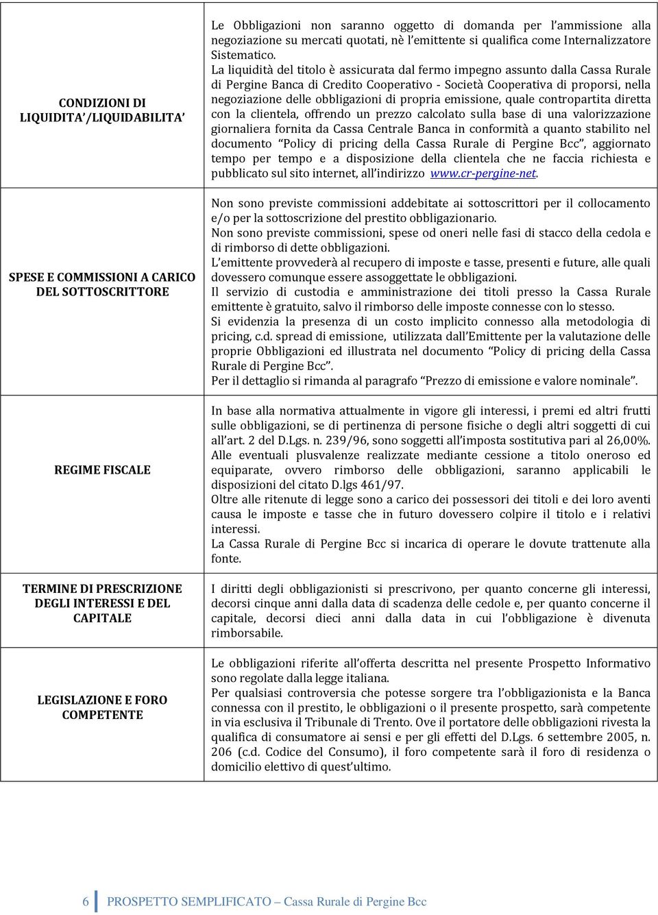 La liquidità del titolo è assicurata dal fermo impegno assunto dalla Cassa Rurale di Pergine Banca di Credito Cooperativo Società Cooperativa di proporsi, nella negoziazione delle obbligazioni di