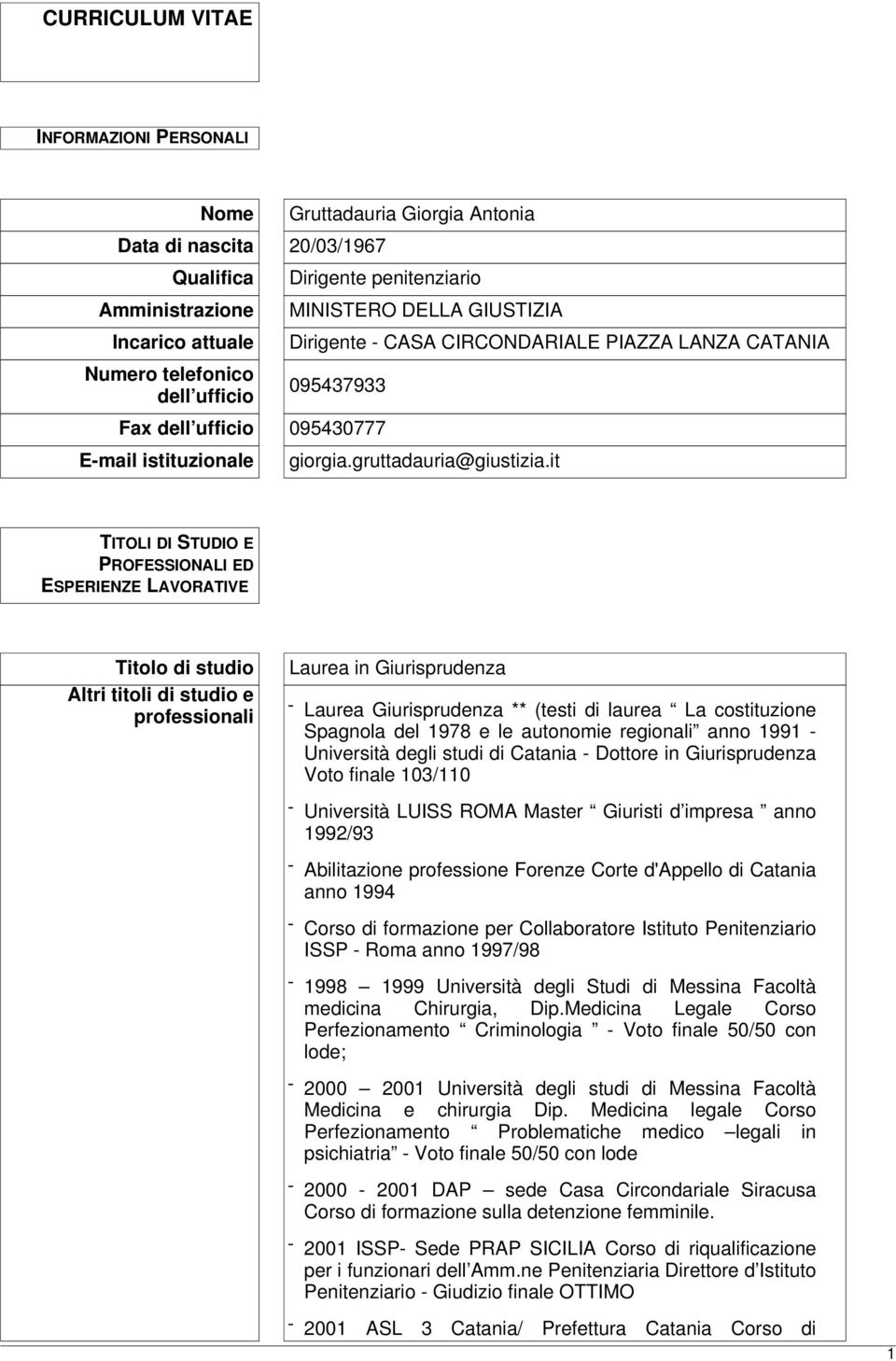 it TITOLI DI STUDIO E PROFESSIONALI ED ESPERIENZE LAVORATIVE Titolo di studio Altri titoli di studio e professionali Laurea in Giurisprudenza - Laurea Giurisprudenza ** (testi di laurea La