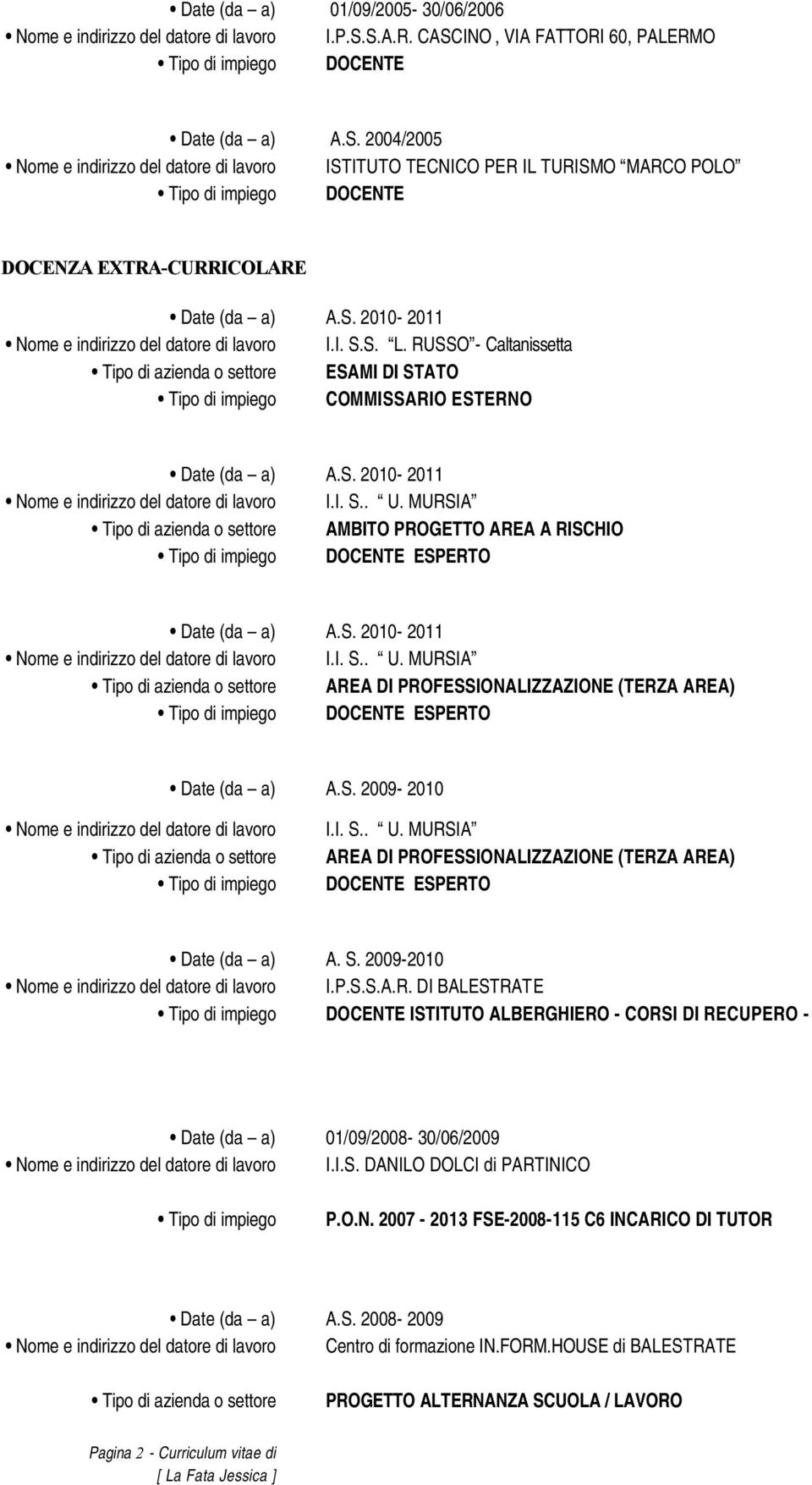 MURSIA Tipo di azienda o settore AMBITO PROGETTO AREA A RISCHIO ESPERTO Nome e indirizzo del datore di lavoro I.I. S.. U.