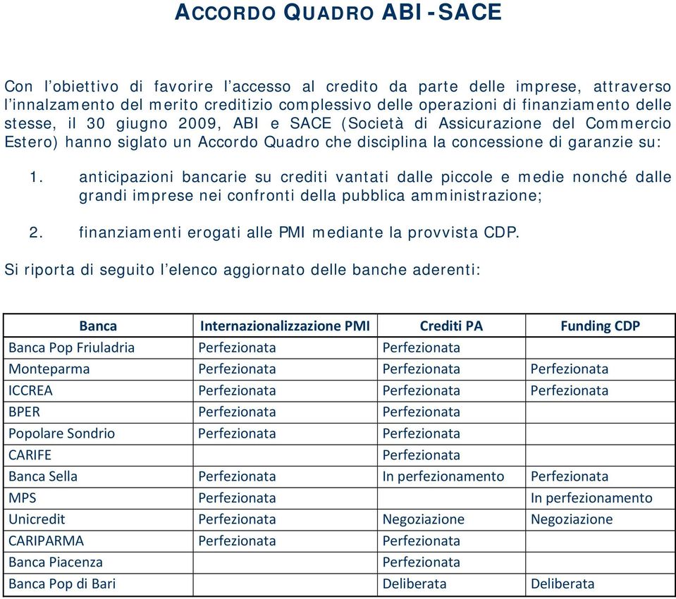 anticipazioni bancarie su crediti vantati dalle piccole e medie nonché dalle grandi imprese nei confronti della pubblica amministrazione; 2. finanziamenti erogati alle PMI mediante la provvista CDP.