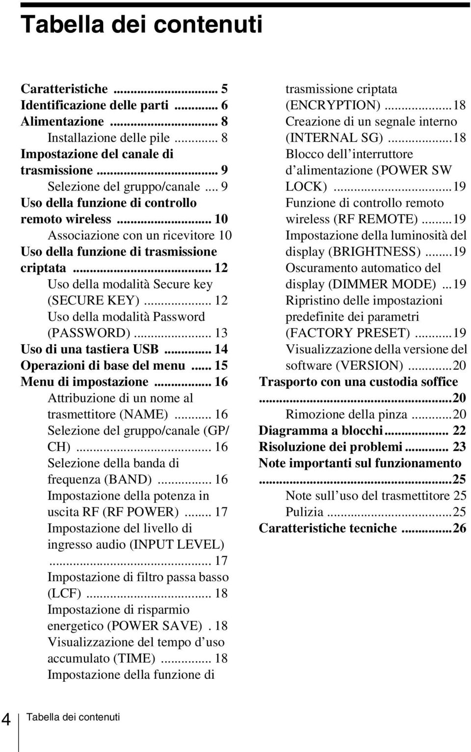 .. 12 Uso della modalità Password (PASSWORD)... 13 Uso di una tastiera USB... 14 Operazioni di base del menu... 15 Menu di impostazione... 16 Attribuzione di un nome al trasmettitore (NAME).