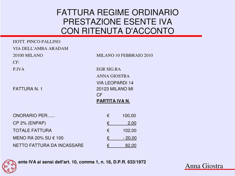 RA ANNA GIOSTRA VIA LEOPARDI 14 20123 MILANO MI CF PARTITA IVA N. ONORARIO PER.