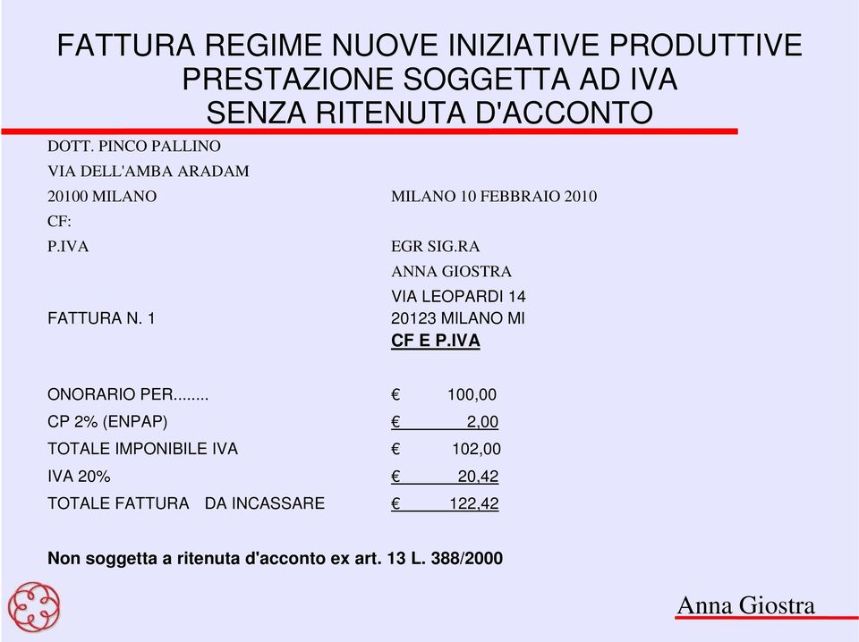 RA ANNA GIOSTRA VIA LEOPARDI 14 20123 MILANO MI CF E P.IVA ONORARIO PER.