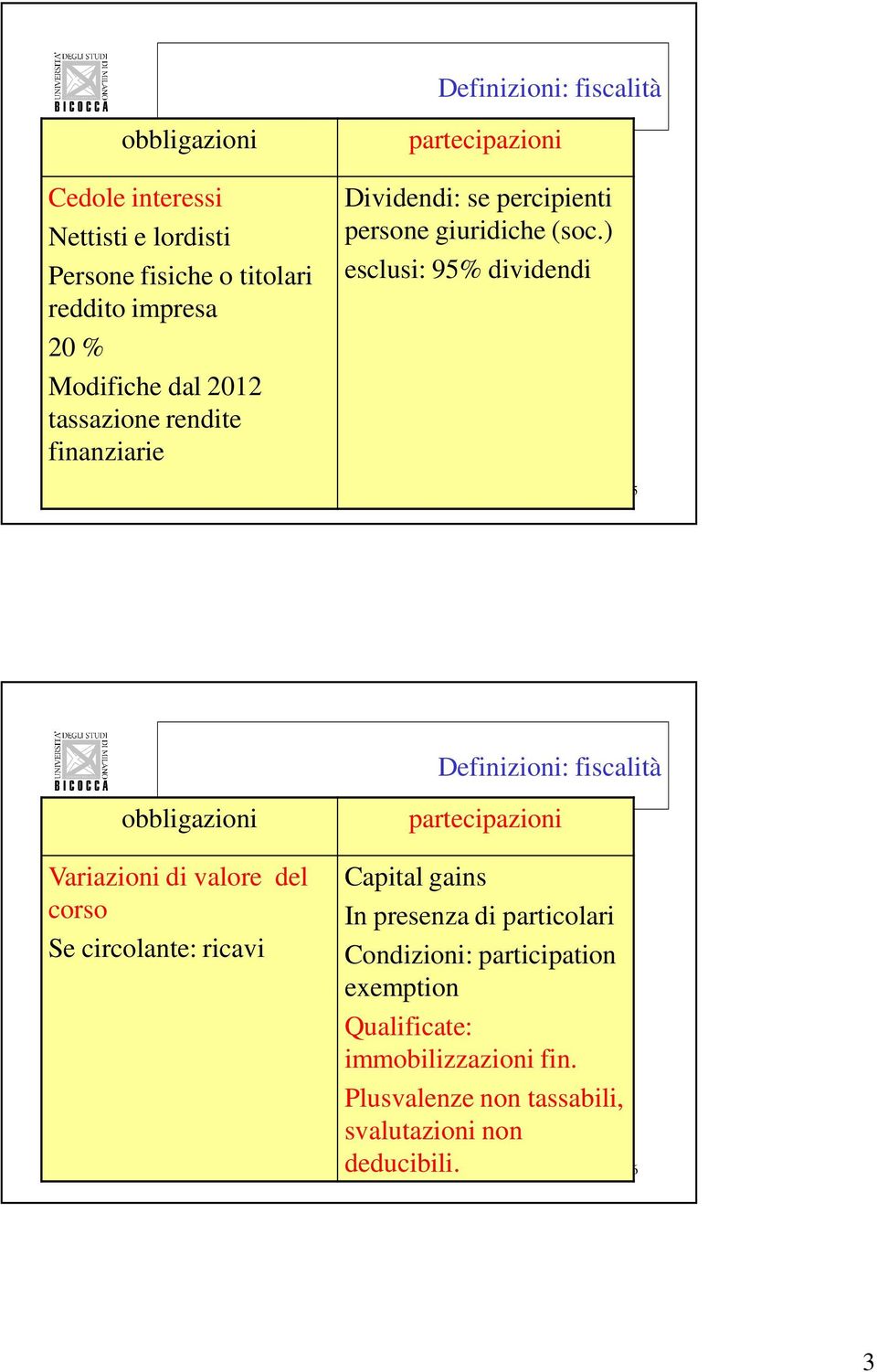 ) esclusi: 95% dividendi Università di Milano Bicocca 5 Definizioni: fiscalità obbligazioni partecipazioni Variazioni di valore del corso Se