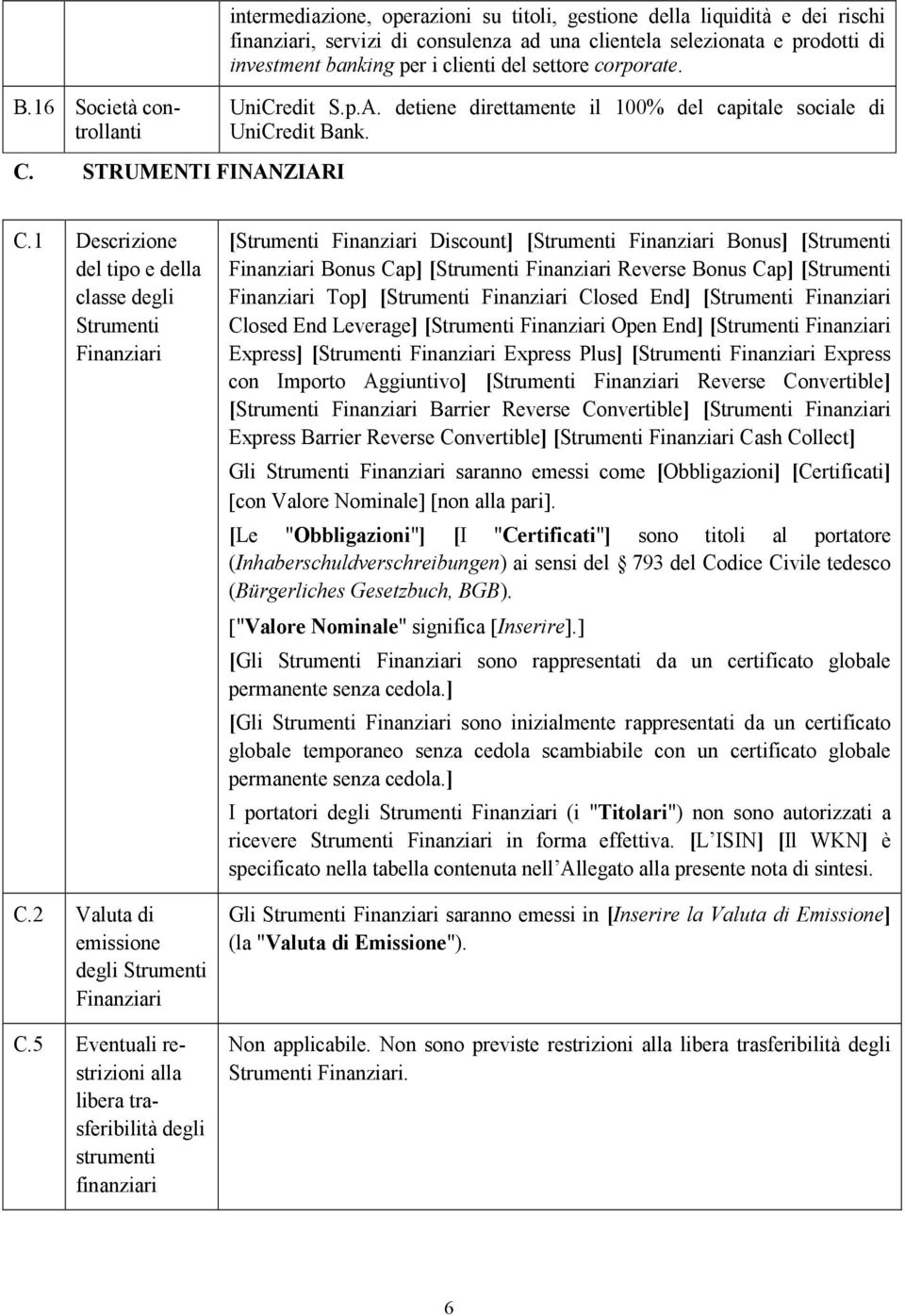 clienti del settore corporate. UniCredit S.p.A. detiene direttamente il 100% del capitale sociale di UniCredit Bank. C.1 Descrizione del tipo e della classe degli Strumenti Finanziari C.