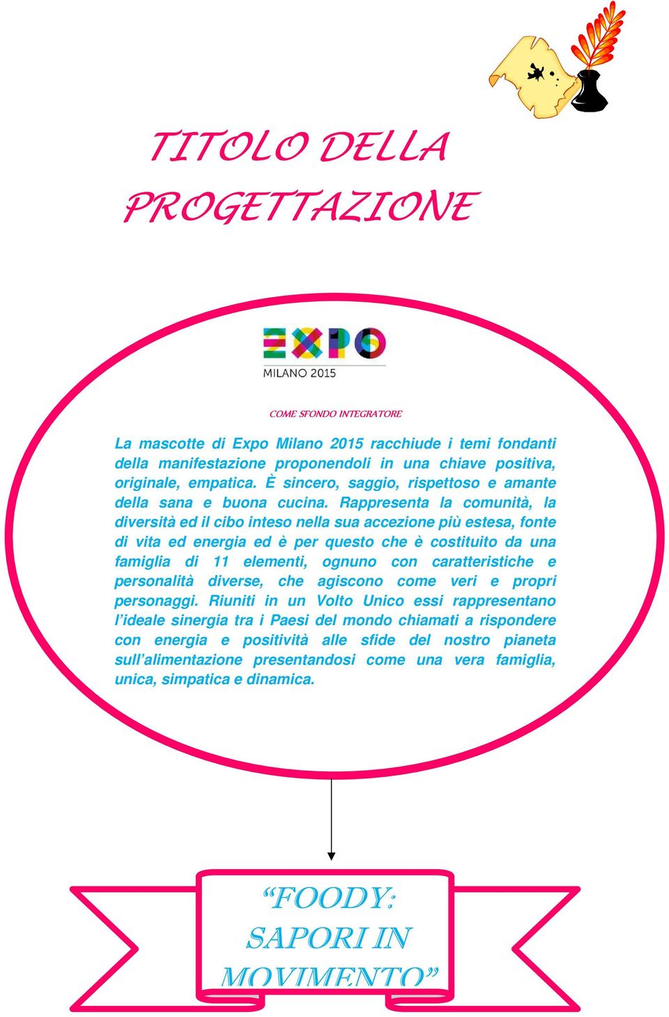 Rappresenta la comunità, la diversità ed il cibo inteso nella sua accezione più estesa, fonte di vita ed energia ed è per questo che è costituito da una famiglia di 11 elementi, ognuno con