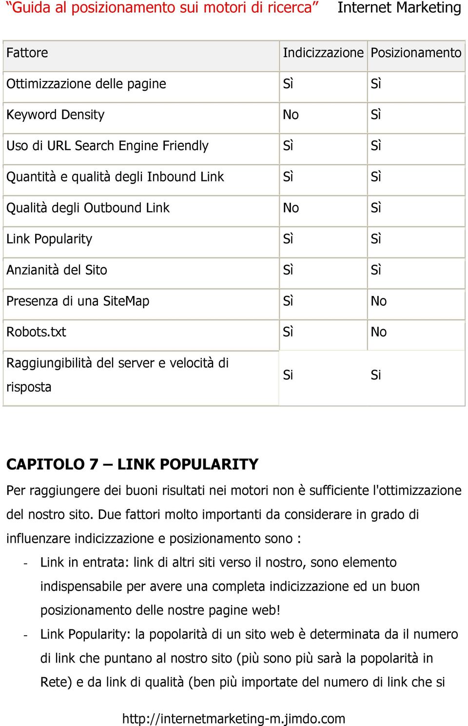 txt Sì No Raggiungibilità del server e velocità di risposta Si Si CAPITOLO 7 LINK POPULARITY Per raggiungere dei buoni risultati nei motori non è sufficiente l'ottimizzazione del nostro sito.