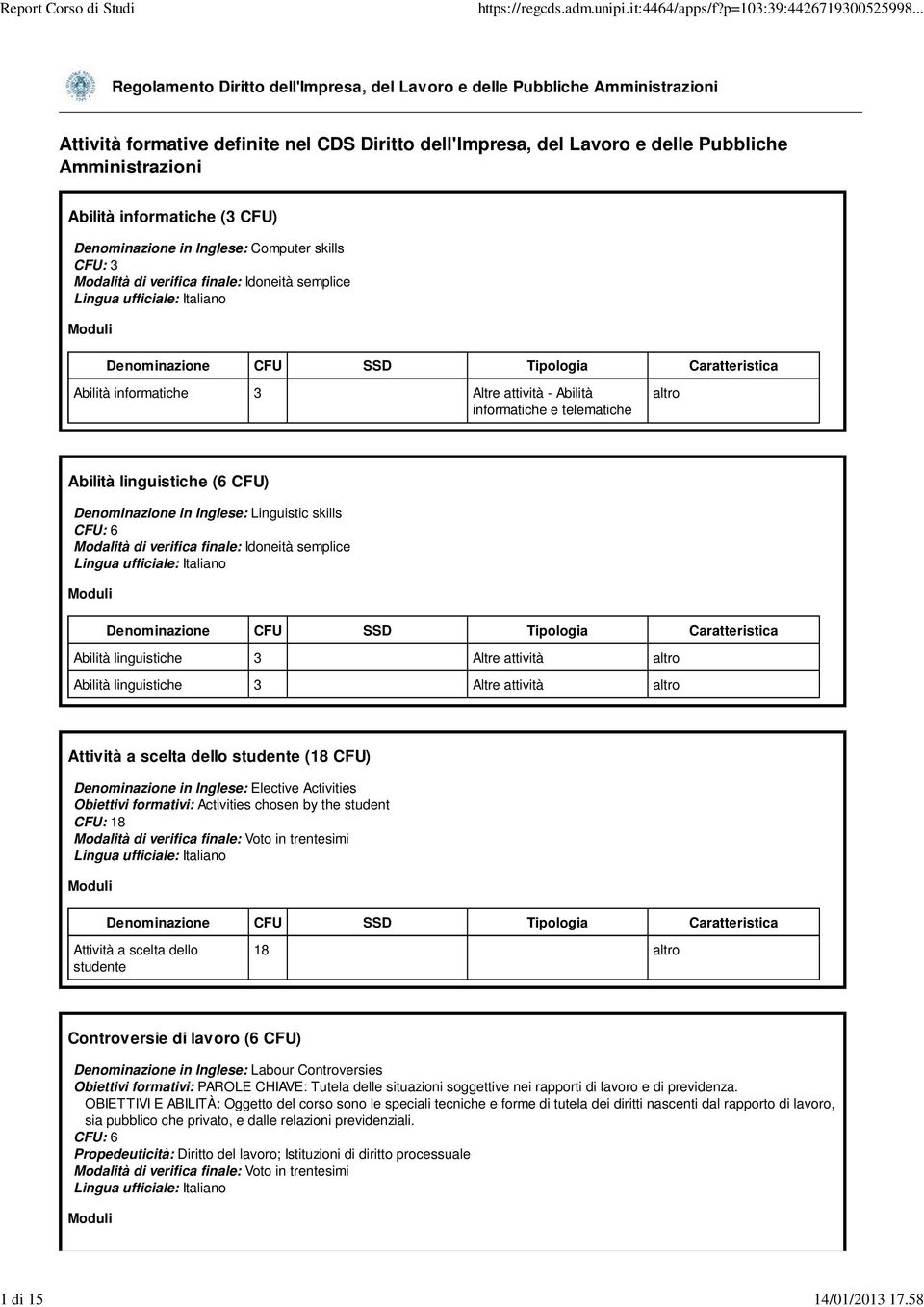 verifica finale: Idoneità semplice Abilità informatiche 3 Altre attività - Abilità informatiche e telematiche altro Abilità linguistiche (6 CFU) Denominazione in Inglese: Linguistic skills Modalità