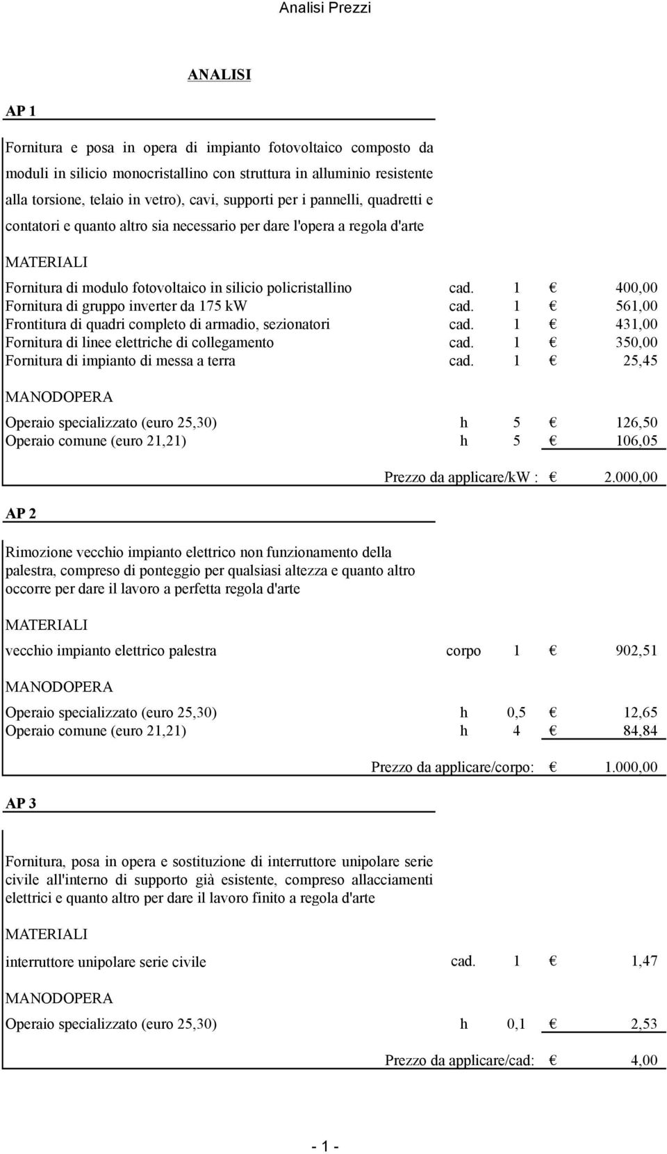 1 400,00 Fornitura di gruppo inverter da 175 kw cad. 1 561,00 Frontitura di quadri completo di armadio, sezionatori cad. 1 431,00 Fornitura di linee elettriche di collegamento cad.