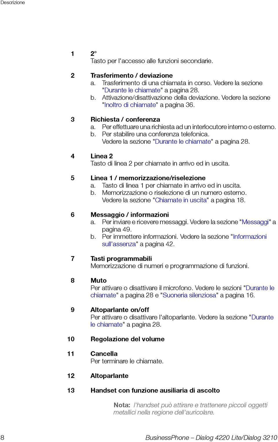 Per stabilire una conferenza telefonica. Vedere la sezione "Durante le chiamate" a pagina 28. 4 Linea 2 Tasto di linea 2 per chiamate in arrivo ed in uscita. 5 Linea 1 / memorizzazione/riselezione a.