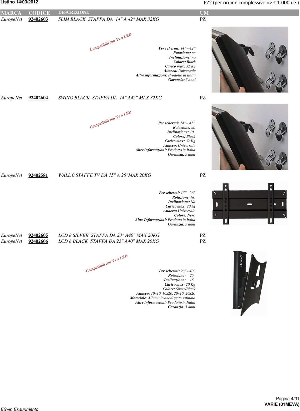 Attacco: Universale Altre informazioni: Prodotto in Italia Garanzia: 5 anni EuropeNet 92402581 WALL 0 STAFFE TV DA 15" A 26"MAX 20KG PZ 34,965 32,893 Per schermi: 15" - 26" Rotazione: No