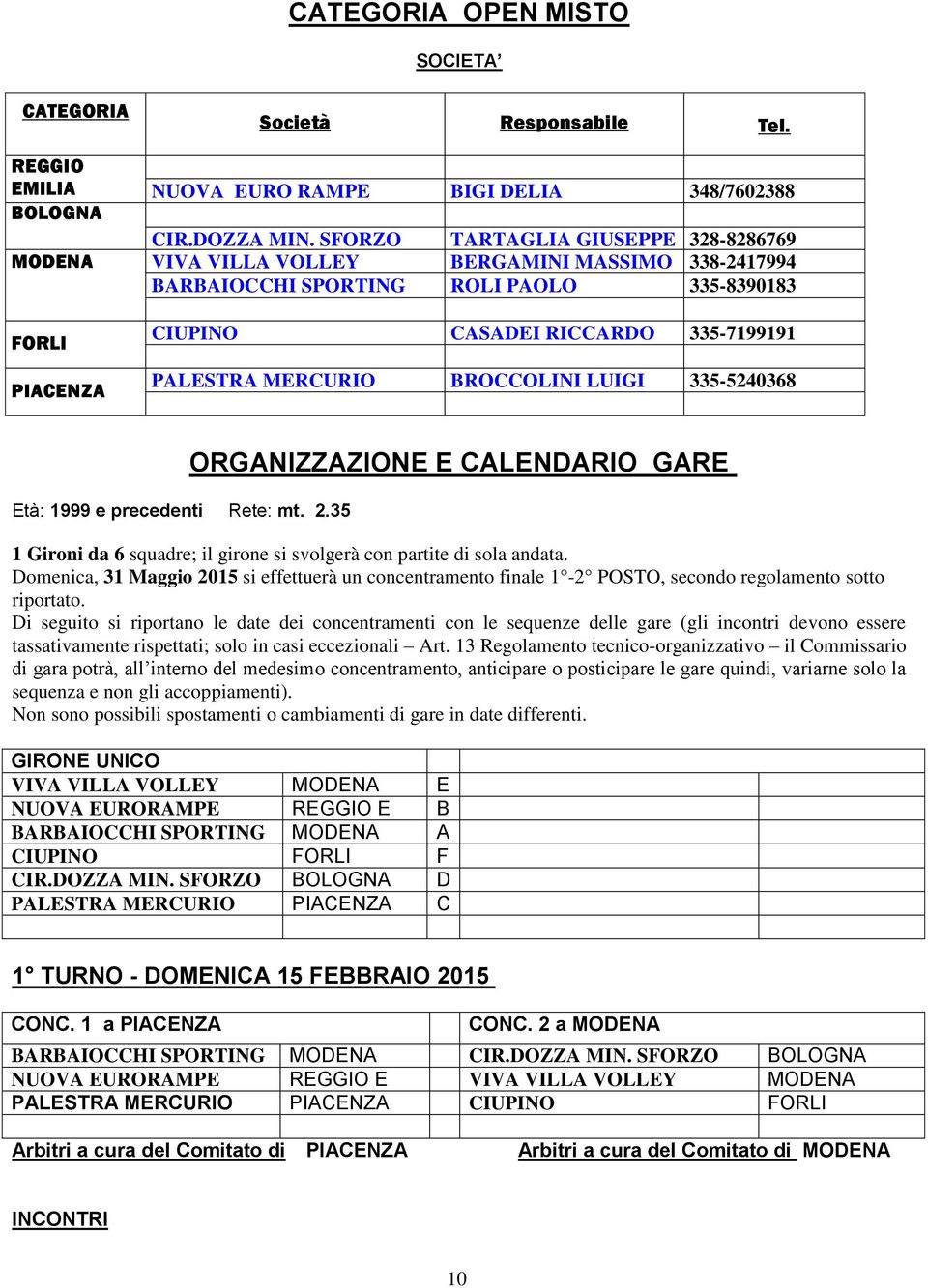 RICCARDO 335-7199191 PALESTRA MERCURIO BROCCOLINI LUIGI 335-5240368 Età: 1999 e precedenti Rete: mt. 2.