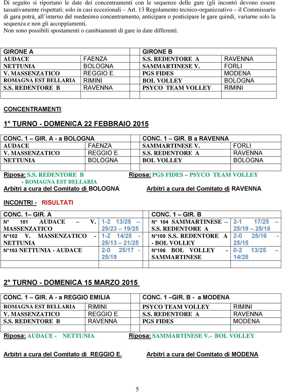 Non sono possibili spostamenti o cambiamenti di gare in date differenti. GIRONE A GIRONE B AUDACE FAENZA S.S. REDENTORE A RAVENNA NETTUNIA BOLOGNA SAMMARTINESE V. FORLI V. MASSENZATICO REGGIO E.