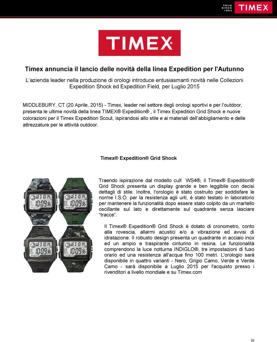 Grid Shock e nuove colorazioni per il Timex Expedition Scout, ispirandosi allo stile e ai materiali dell abbigliamento e delle attrezzature per le attività outdoor.