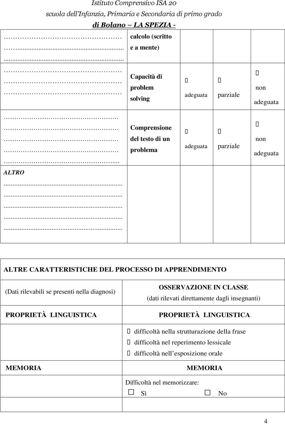 .............. ALTRE CARATTERISTICHE DEL PROCESSO DI APPRENDIMENTO (Dati rilevabili se presenti nella diagnosi) PROPRIETÀ