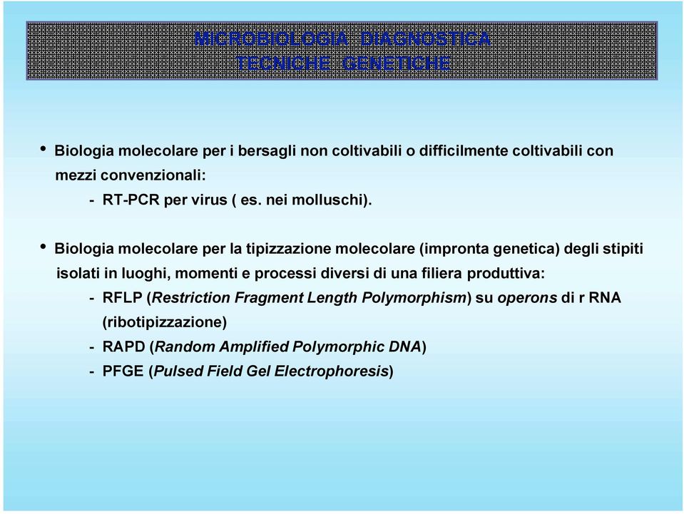 Biologia molecolare per la tipizzazione molecolare (impronta genetica) degli stipiti isolati in luoghi, momenti e processi