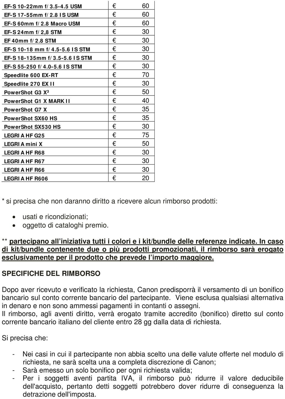 50 LEGRIA HF R68 30 LEGRIA HF R67 30 LEGRIA HF R66 30 LEGRIA HF R606 20 * si precisa che non daranno diritto a ricevere alcun rimborso prodotti: usati e ricondizionati; oggetto di cataloghi premio.