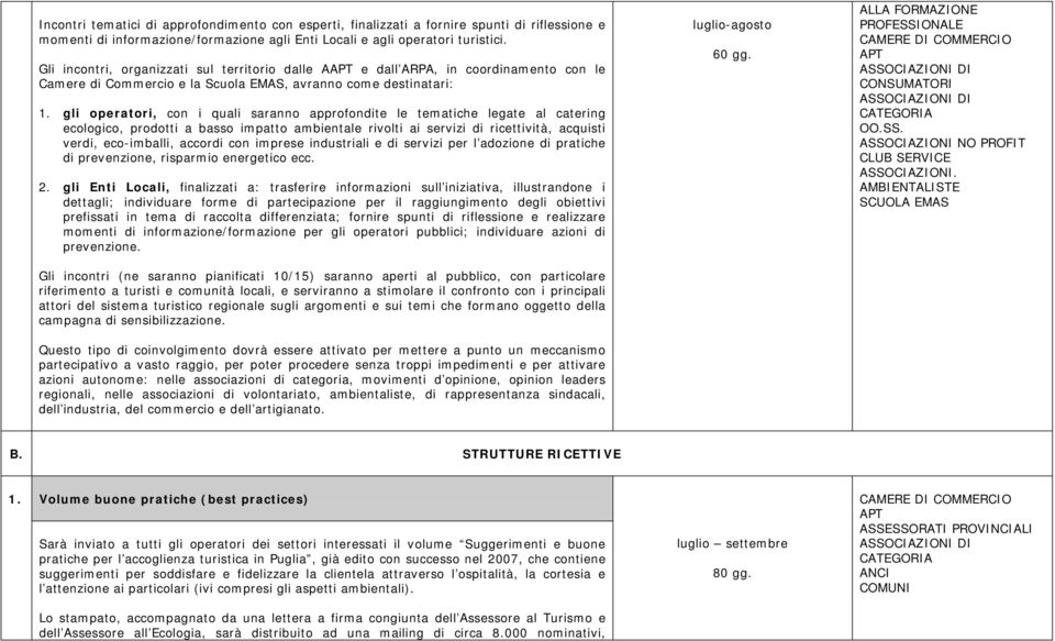 tematiche legate al catering ecologico, prodotti a basso impatto ambientale rivolti ai servizi di ricettività, acquisti verdi, eco-imballi, accordi con imprese industriali e di servizi per l adozione