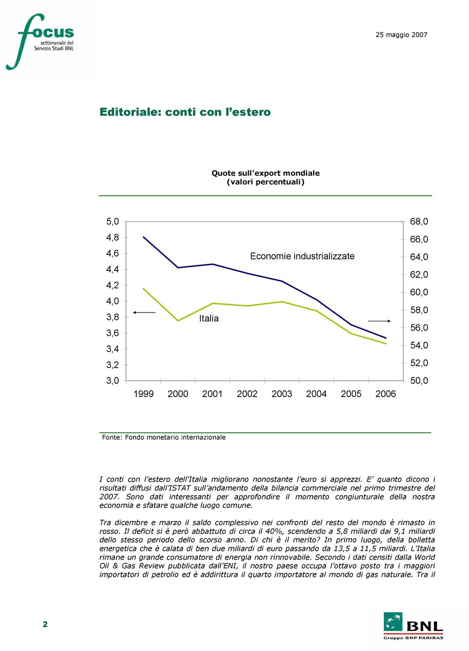 E quanto dicono i risultati diffusi dall ISTAT sull andamento della bilancia commerciale nel primo trimestre del 2007.