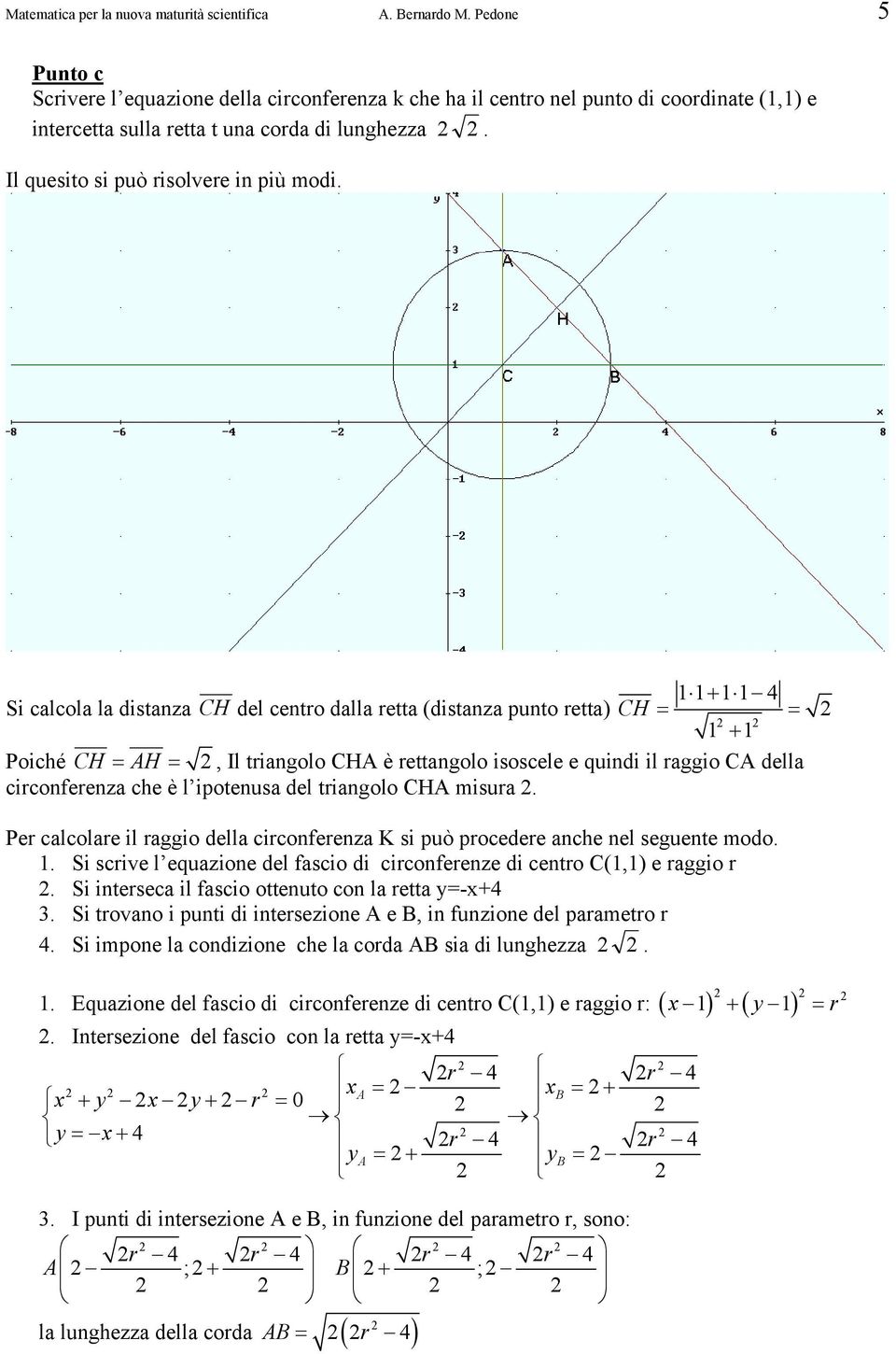 11 + 11 4 Si clcol l distnz CH del centro dll rett (distnz punto rett) CH = = 1 + 1 Poiché CH = AH =, Il tringolo CHA è rettngolo isoscele e quindi il rggio CA dell circonferenz che è l ipotenus del