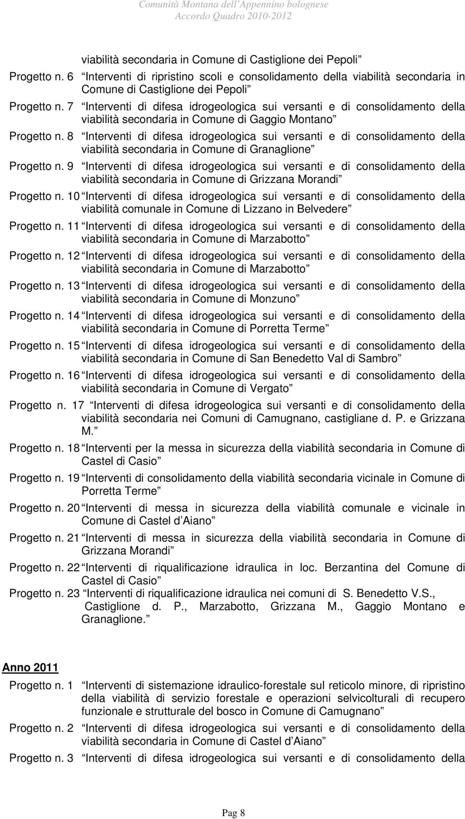 7 Interventi di difesa idrogeologica sui versanti e di consolidamento della viabilità secondaria in Comune di Gaggio Montano Progetto n.