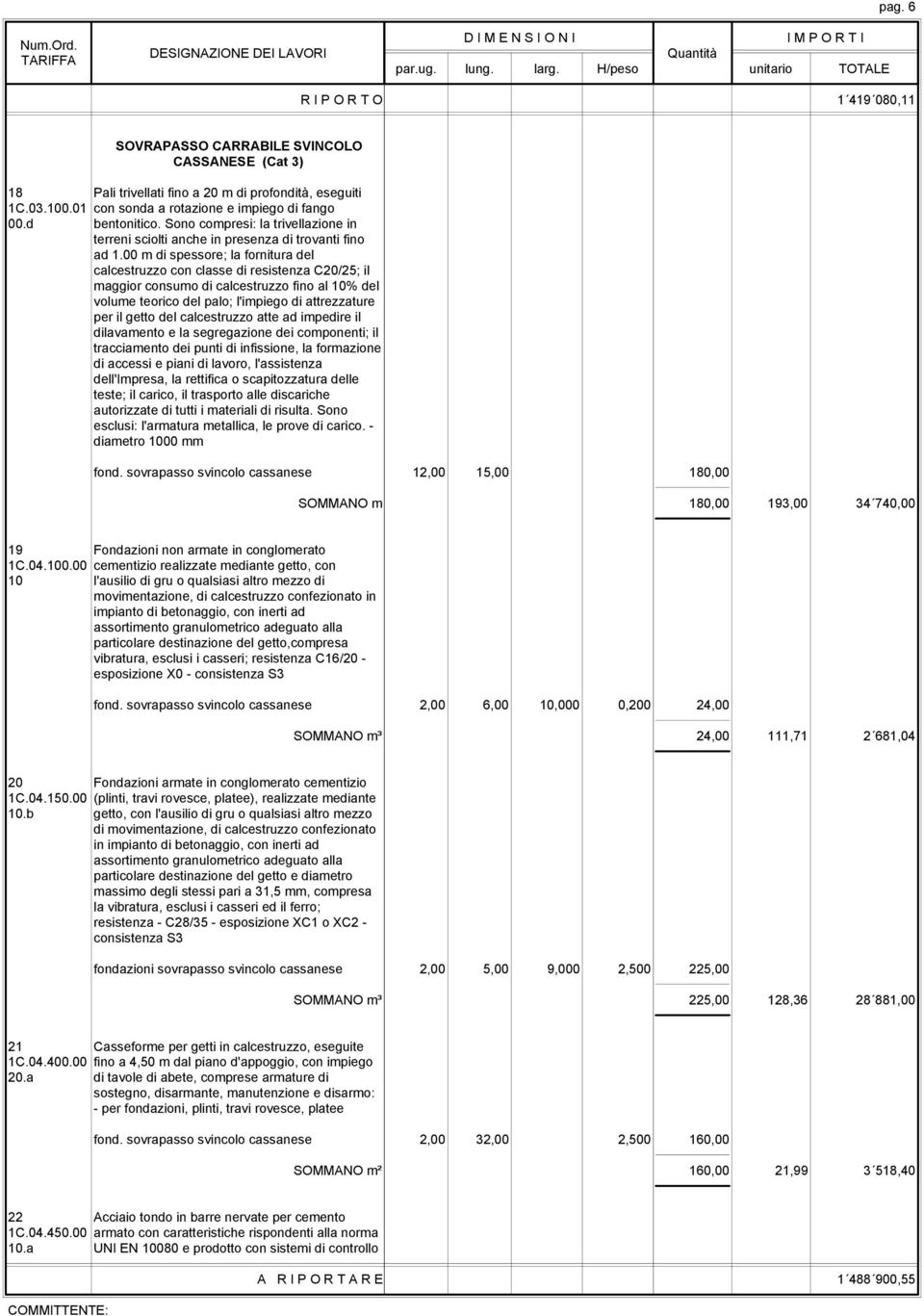 00 m di spessore; la fornitura del calcestruzzo con classe di resistenza C20/25; il maggior consumo di calcestruzzo fino al 10% del volume teorico del palo; l'impiego di attrezzature per il getto del