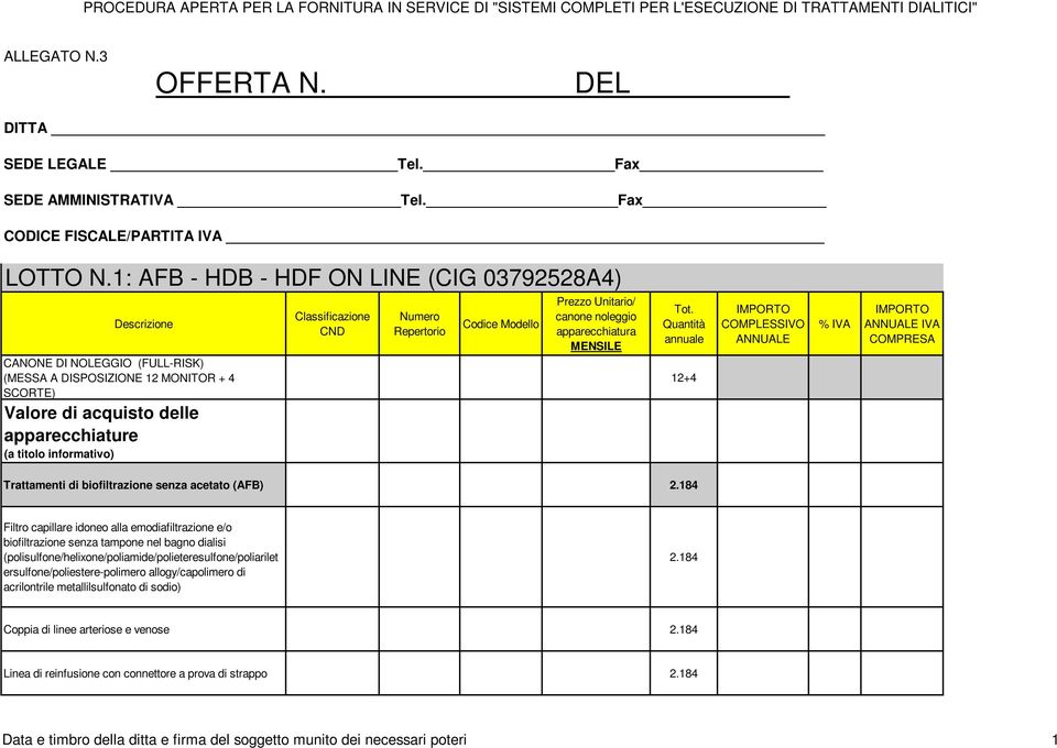 Classificazione CND Numero Repertorio Codice Modello Prezzo Unitario/ canone noleggio apparecchiatura MENSILE Tot.