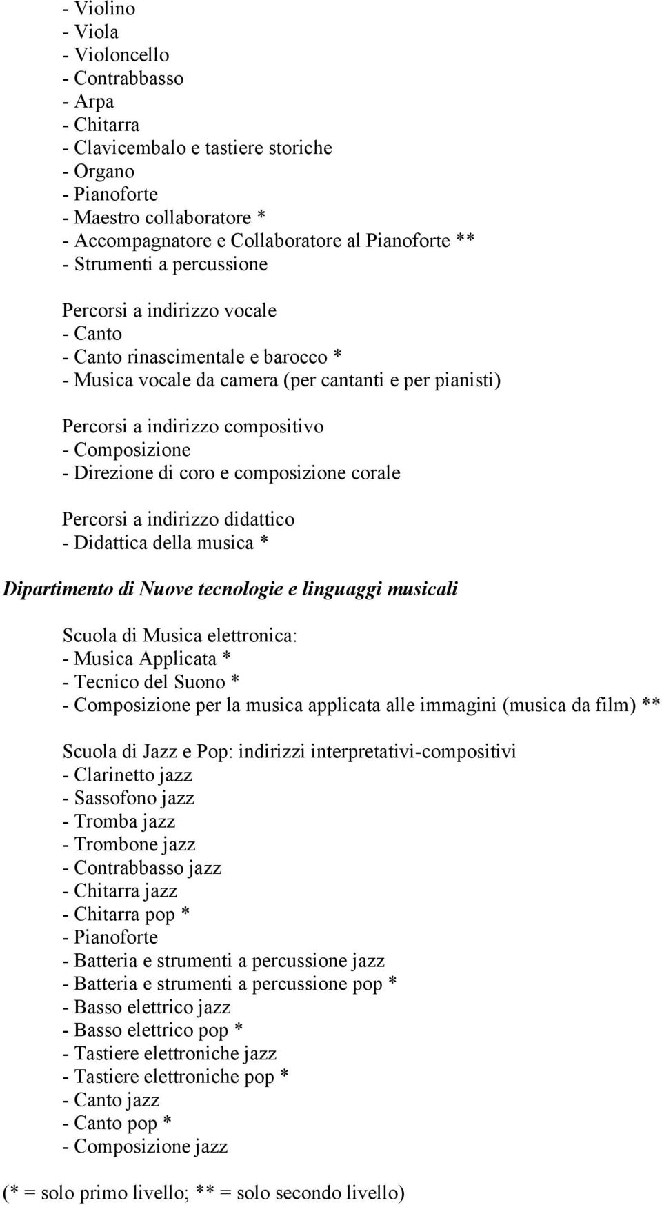 - Direzione di coro e composizione corale Percorsi a indirizzo didattico - Didattica della musica * Dipartimento di Nuove tecnologie e linguaggi musicali Scuola di Musica elettronica: - Musica