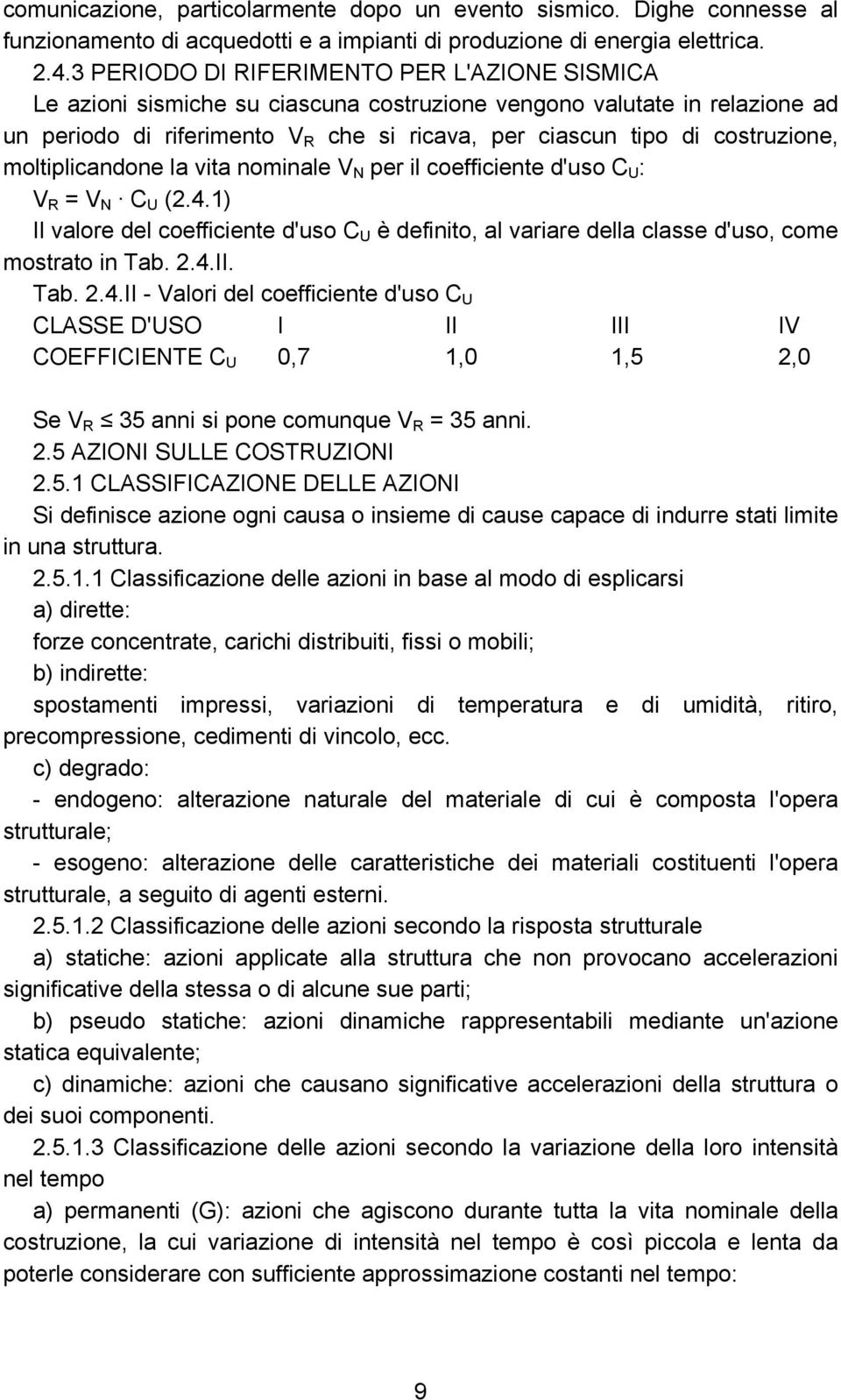 moltiplicandone la vita nominale V N per il coefficiente d'uso C U : V R = V N C U (2.4.1) Il valore del coefficiente d'uso C U è definito, al variare della classe d'uso, come mostrato in Tab. 2.4.II.