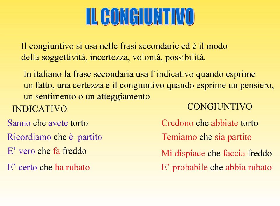 pensiero, un sentimento o un atteggiamento INDICATIVO CONGIUNTIVO Sanno che avete torto Ricordiamo che è partito E vero che