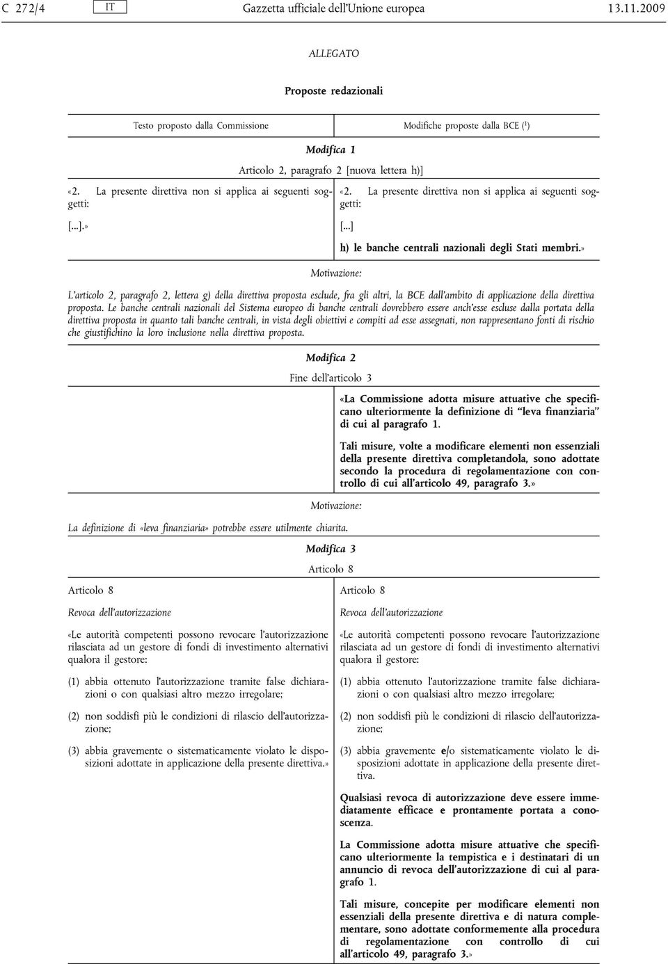 » L articolo 2, paragrafo 2, lettera g) della direttiva proposta esclude, fra gli altri, la BCE dall ambito di applicazione della direttiva proposta.