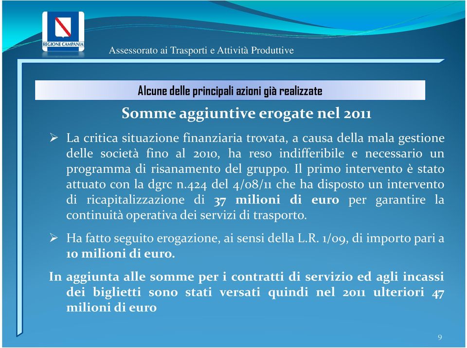 424 del 4/08/11 che ha disposto un intervento di ricapitalizzazione di 37 milioni di euro per garantire la continuità operativa dei servizi di trasporto.